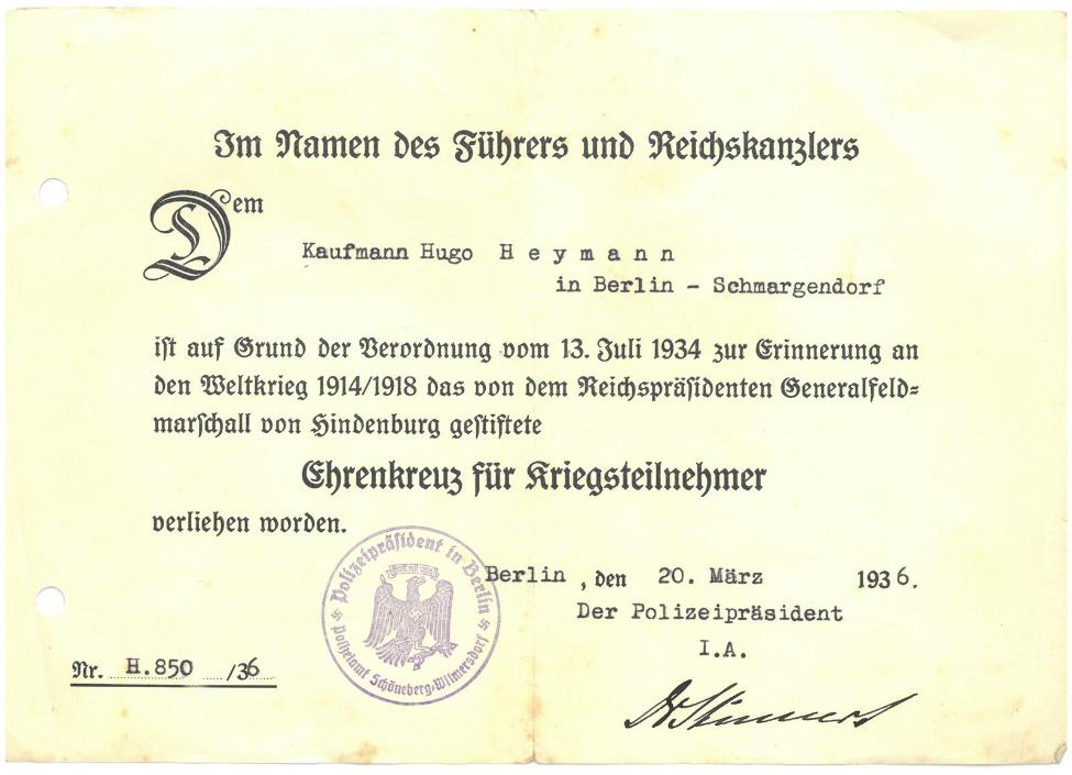 Urkunde aus dem Nachlass von Hugo Heymann, dem jüdischen Vorbesitzer der heutigen Dienstvilla des Bundespräsidenten in Berlin-Dahlem